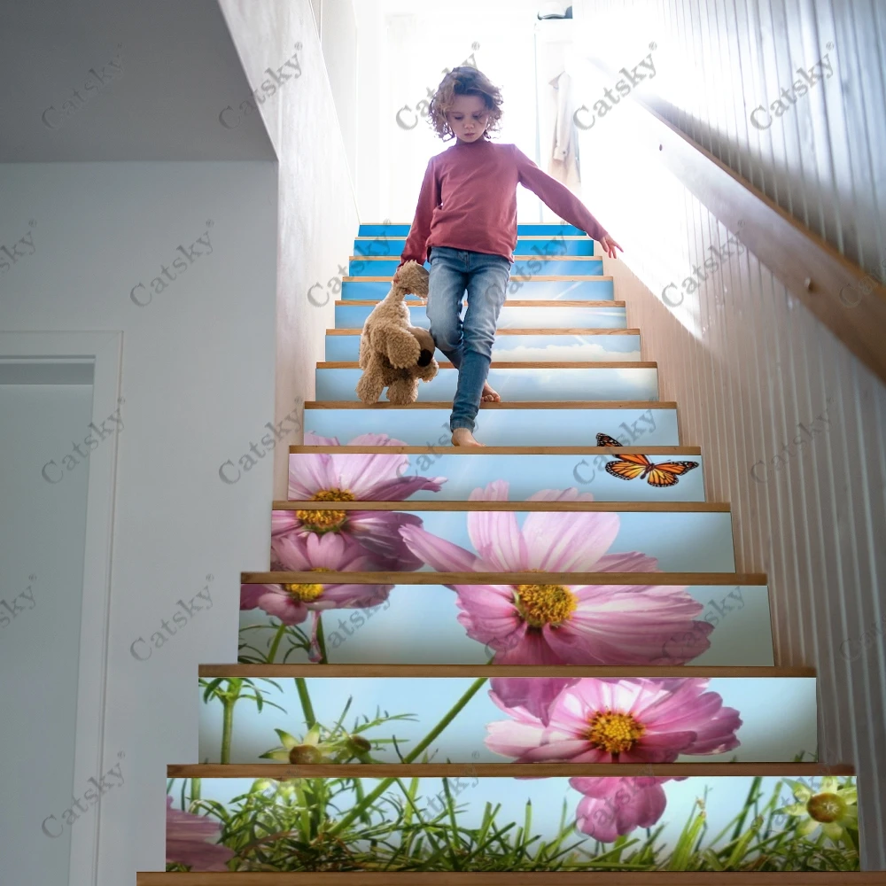 Pink Flower Family Stair Sticker Decoration Self Adhesive Staircase Sticker for Stairway Covering PVC Renovation Staircase Tread