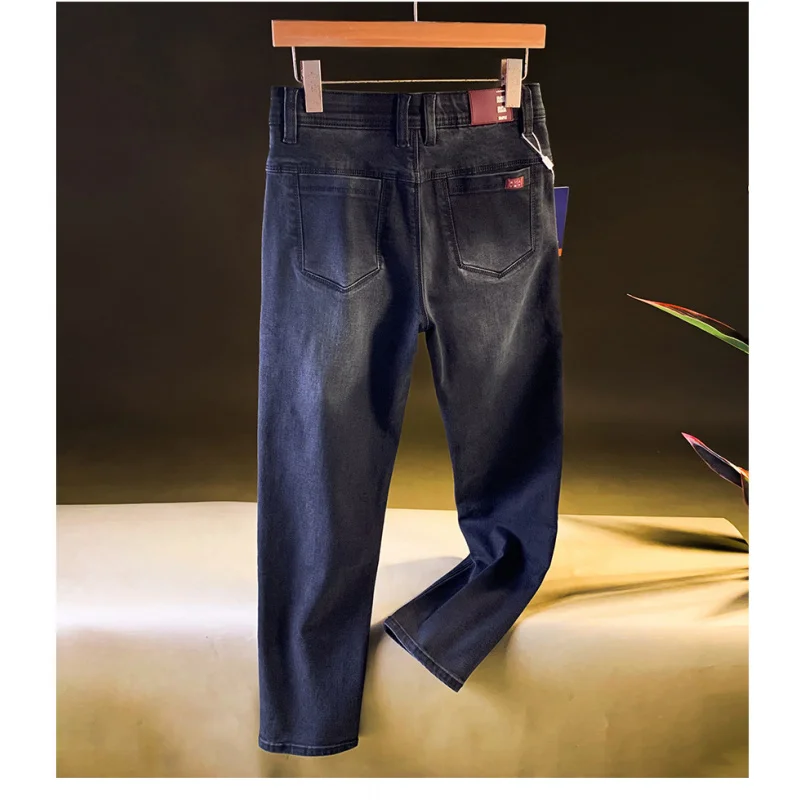 جينز رجالي باللون الأسود والرمادي للخريف عالي الجودة مغسول بأرجل مستقيمة غير رسمية النسخة الكورية سراويل مرنة صغيرة مستقيمة الساق