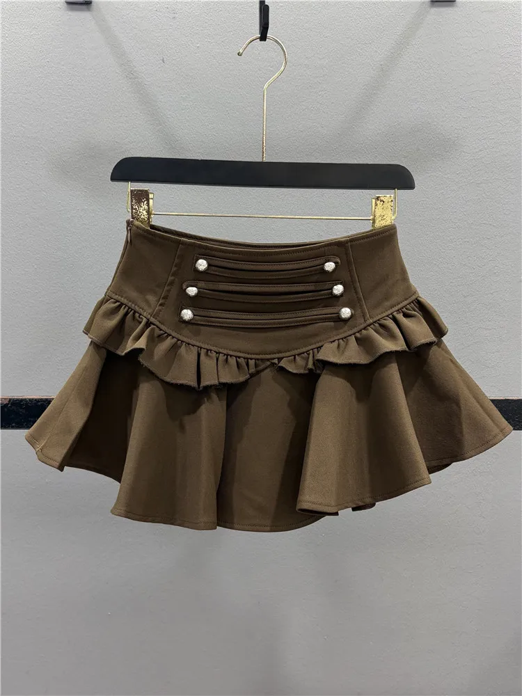 Sweet Gingham Pleated  Skirt Women's A-Line Half-length Autumn 2026 New Style Anti-Light Slimming Sexy Double-breasted
