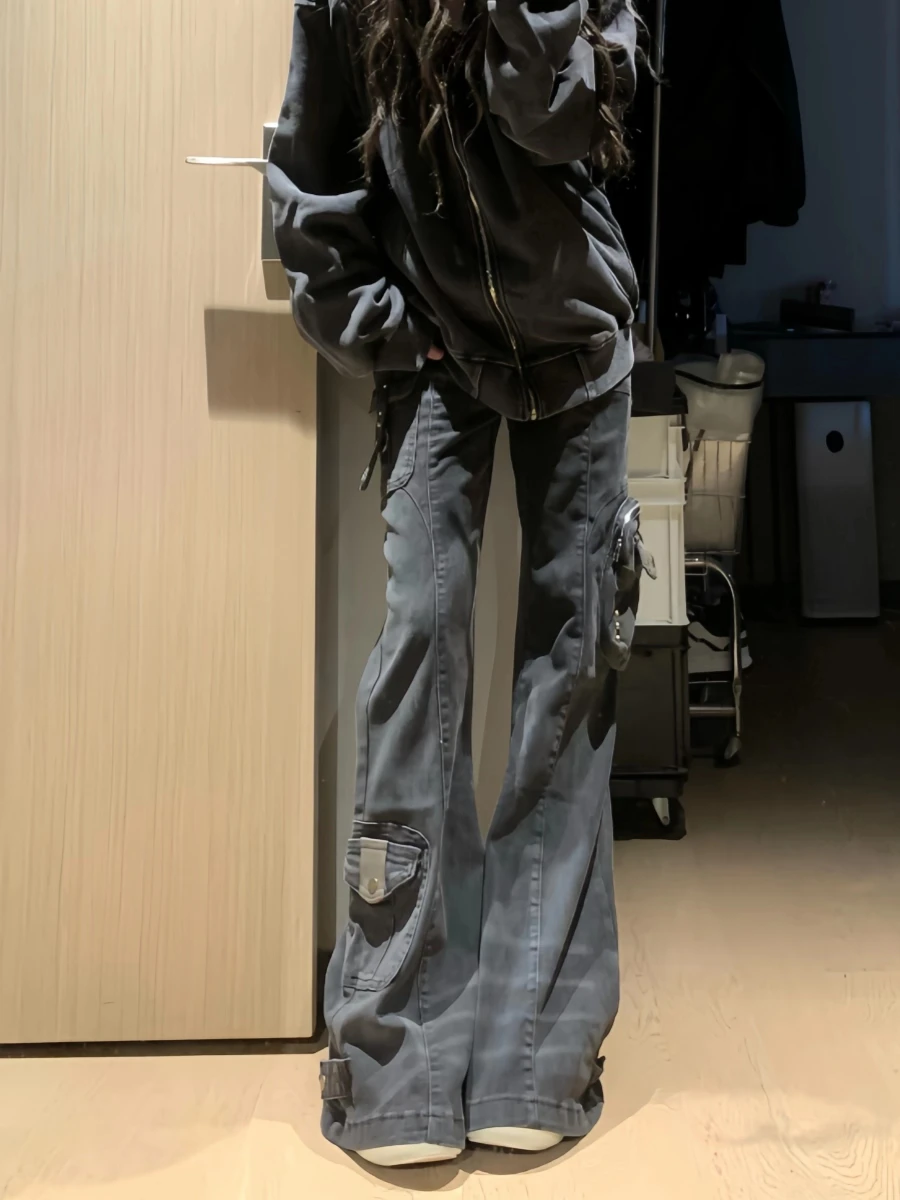 Dames Flare Cargo Jeans Harajuku Japanse laagbouw denim broek Abi Y2k Bell Bottom Amerikaanse Retro High Street Dark Academia