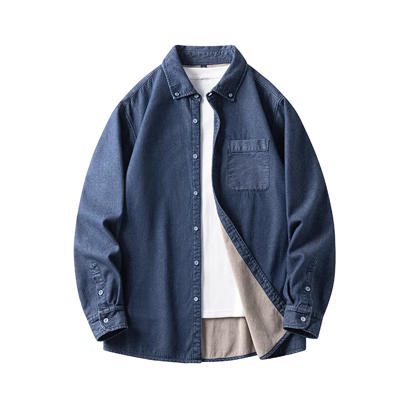 

Men's Denim irt Long Sve Fce Lined Thi Casual Sle Autumn Winter Faion Versatile Hong Kong Sle Classic Collar