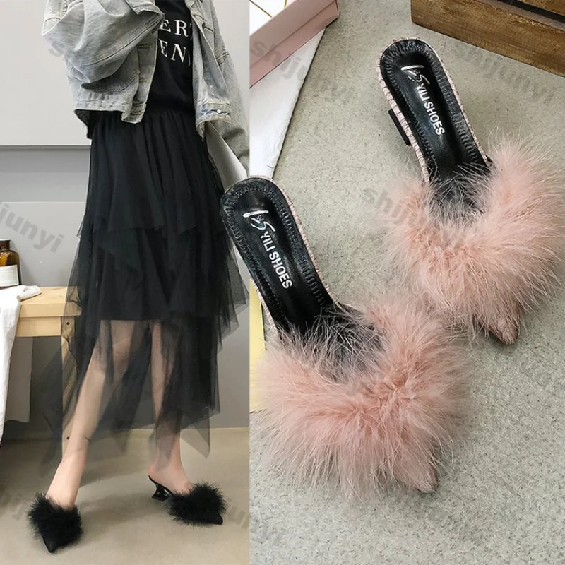 Frauen Halbe Hausschuhe Neue Sommer Sexy Spitzen Temperament mit hohen absätzen Hausschuhe Weibliche Mode Pelzigen High Heels Solide Rutschen