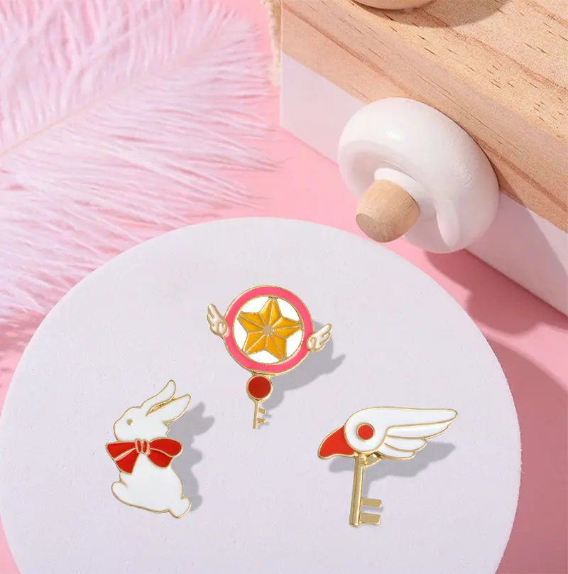 Cute Star Stick Magic Wand Bird Head Rabbit Brooch for Girls Denim Jacket Pin Uniform Badge Fashion Japanese Animation Jewelry