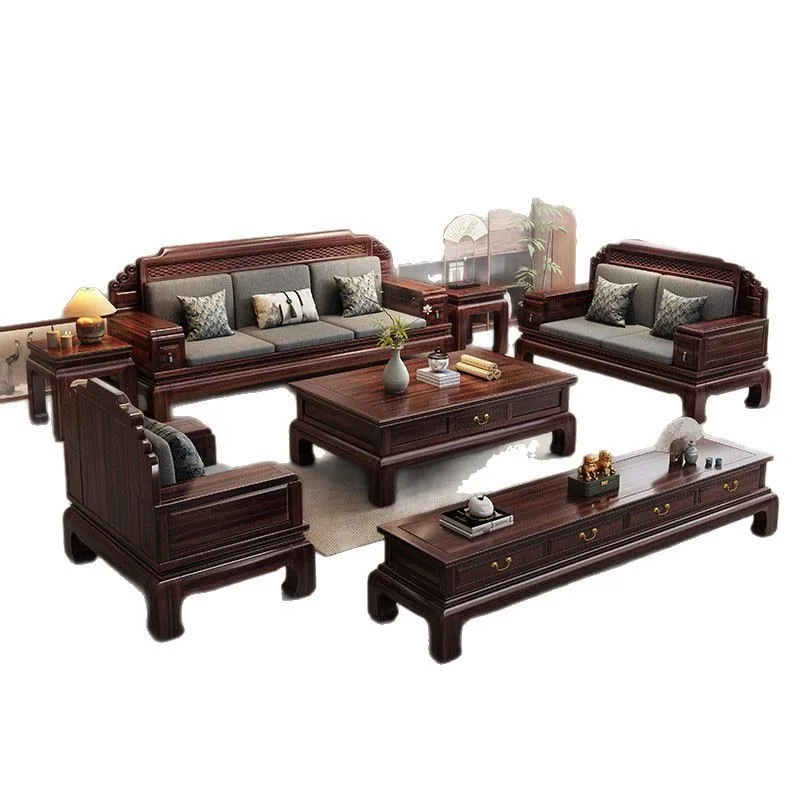 

New Chinese style, black gold, solid wood, sofa, combination, living room, modern, high-end, villa