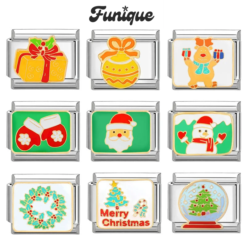 

FUNIQUE Elk Gloves Snowman Garland Italian Charm Links Fit 9mm Bracelet Stainless Steel DIY Jewelry Making Christmas Gift