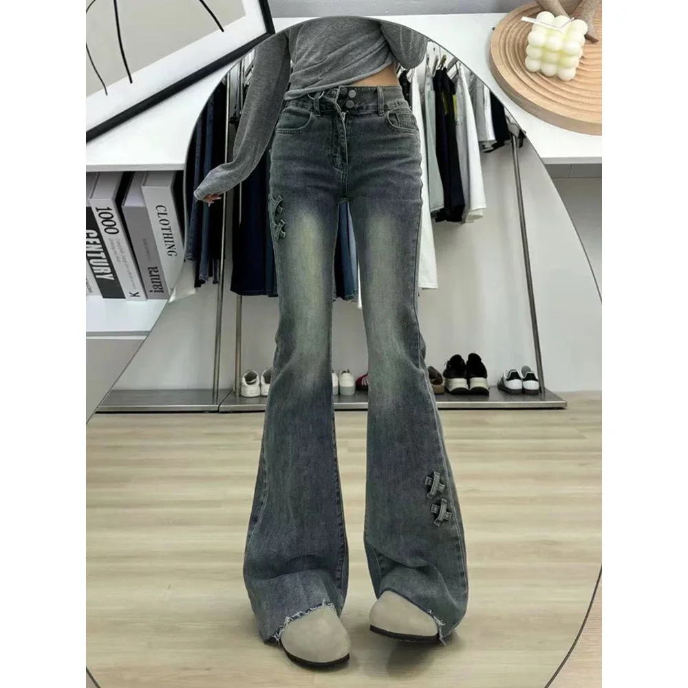 

Синие узкие расклешенные джинсы в стиле ретро, женские джинсы большого размера в американском стиле с высокой талией и бантом, джинсовые брюки с расклешенным низом