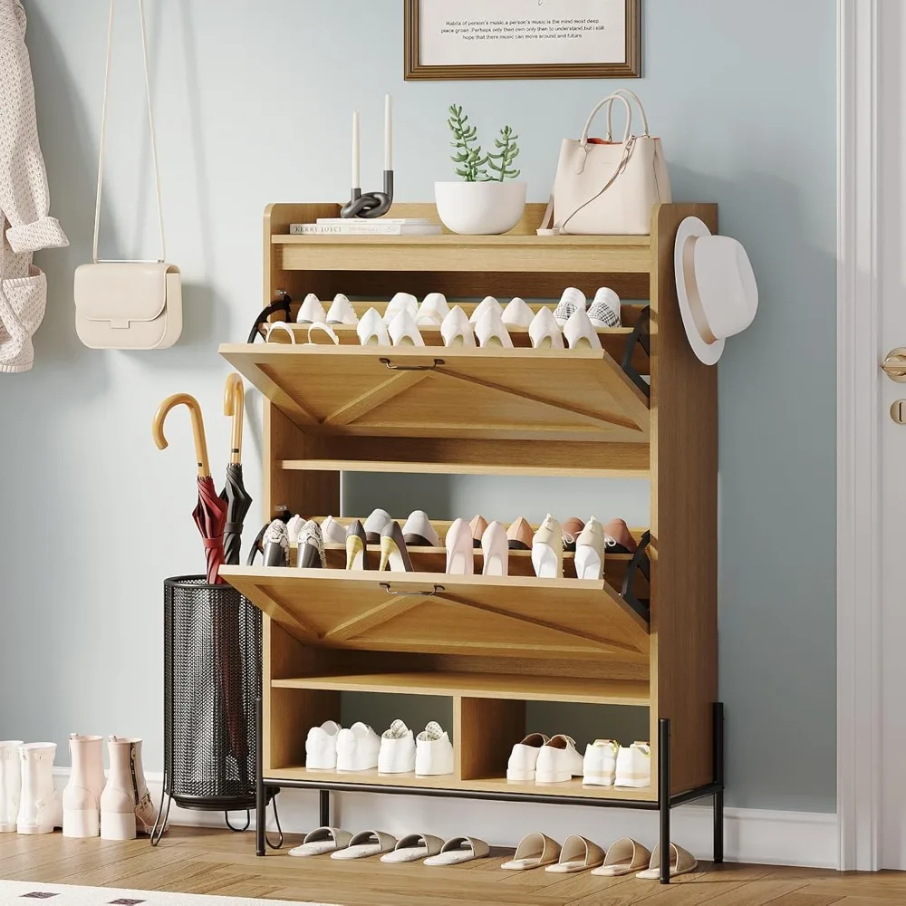 

Shoe Cabinet, Shoe Cabinet with Flip-Up Drawers and Open Shelves, Hidden Shoe Storage Cabinet with Adjustable Support Stand