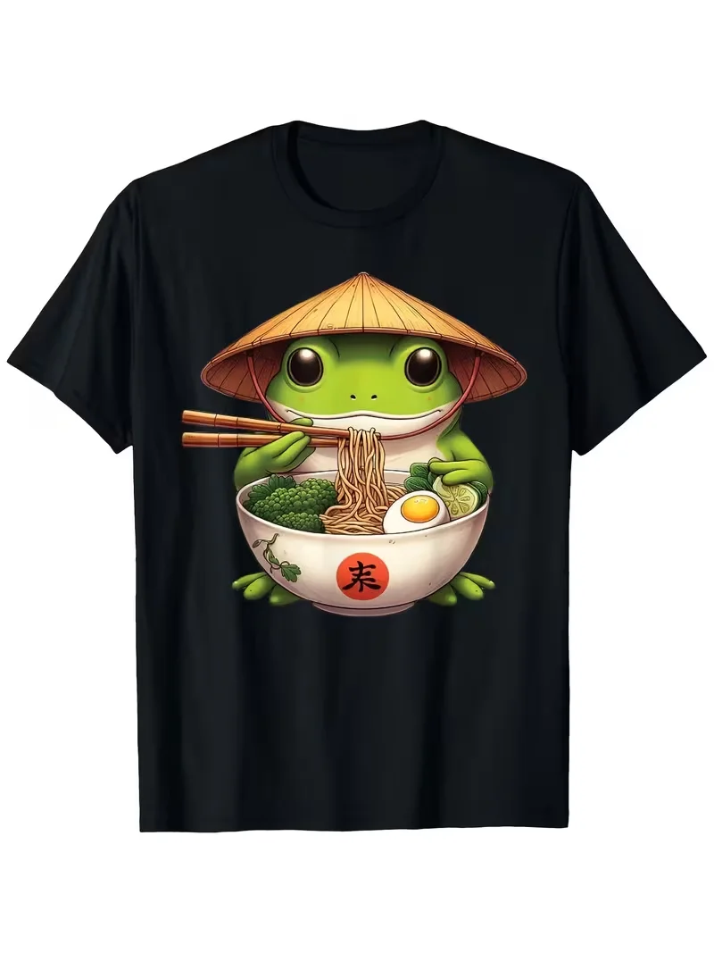 Kawaii Frog Eating Ramen T-Shirt – Cute Neko Japanese Noodles Anime Lovers Graphic Tee for Men Women Unisex Casual Black T-Shirt
