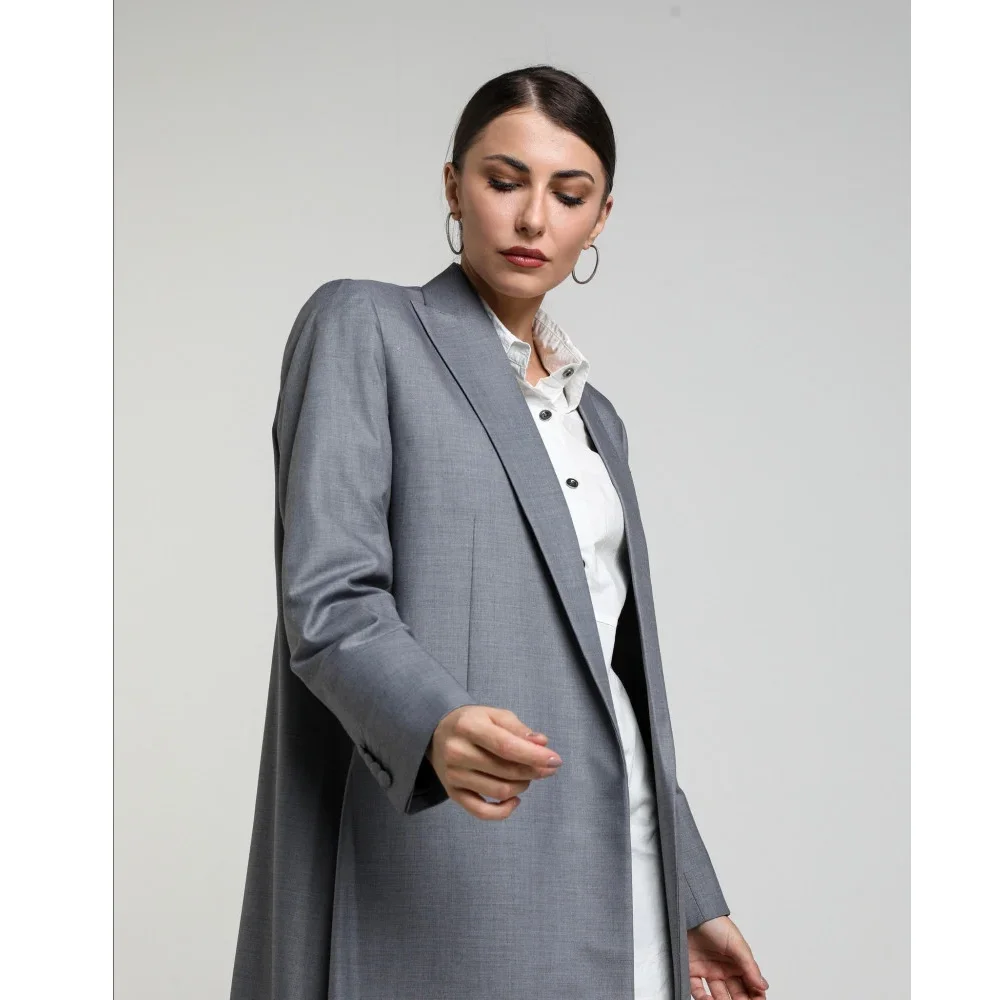 Gray Peak Lapel Women Jacket One Piece Fashion Solid X-Long Loose Daily Casual Blazer Basic Office Lady Gorgeous Female Coat