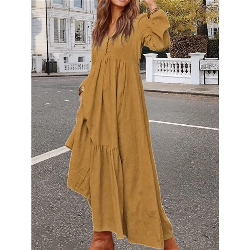 ASDS-Abito lungo da donna in cotone Boho con scollo a V e maniche lunghe, abito da spiaggia fluido con tasche e bottoni