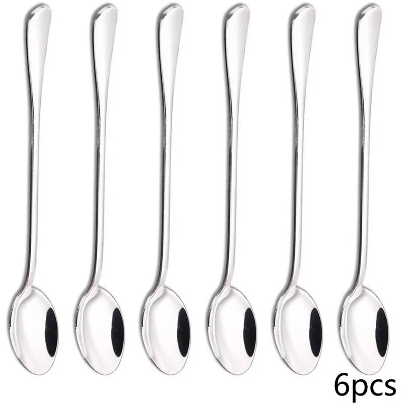6 uds/cuchara de té helado de mango largo, cucharas para mezclar café de acero inoxidable-cucharas largas de postre de crema