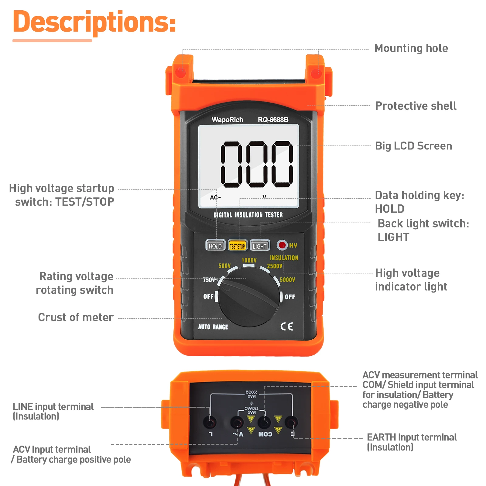 BTMETER BT-6688B Digital Insulation Resistance Tester,Test Voltage 5000V,Resistance 200Gohms,High Voltage Indication