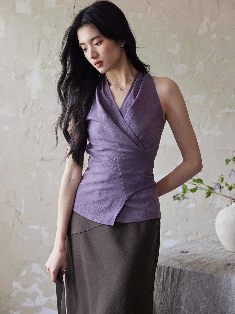 

Женский фиолетовый топ с V-образным вырезом и завязками на талии, французский стиль, приталенный крой, летняя мода