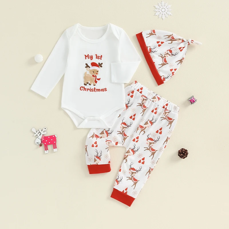 Baby Boy Girl My First Christmas Clothes Sets Long Sleeve Letter Deer Print Romper Elastic Pants with Hat 3Pcs Newborn Outfit