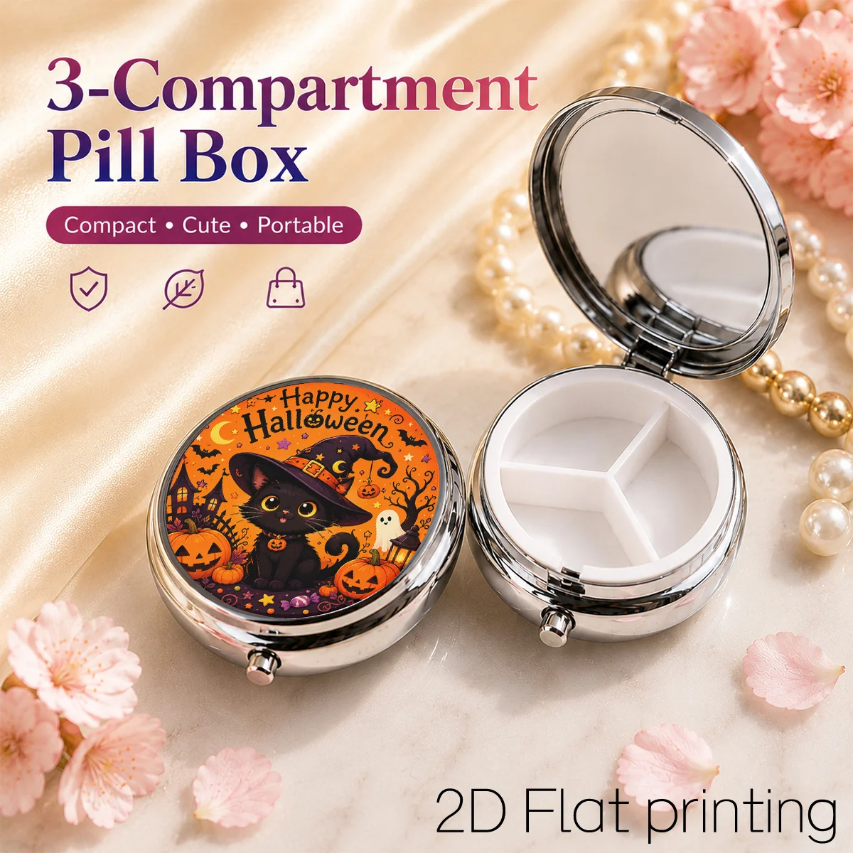 1Pc, Flat Printing Pill Box with Halloween Black Cat, Pumpkin, and Witch Patterns, Holiday Illustration Design, Three-Compartment Portable Metal Storage Box for Small Items, Compact Jewelry Box, Personal Medicine Pill Dispenser Box.
