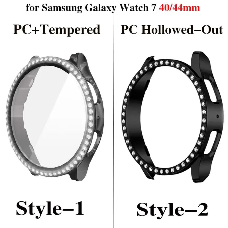 Glass+Diamond Case for Samsung Galaxy Watch 7 40mm 44mm Accessories Bling PC Bumper+Screen Protector Galaxy Watch 7 Cover Case