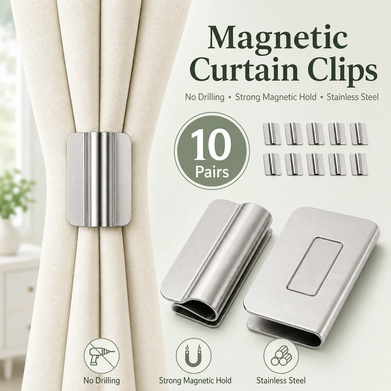 10/20 Pairs Magnetic Curtain Magnets No Drill Light Blocking Curtain Closure Clips Stainless Steel Reusable Curtain Gap Fastene