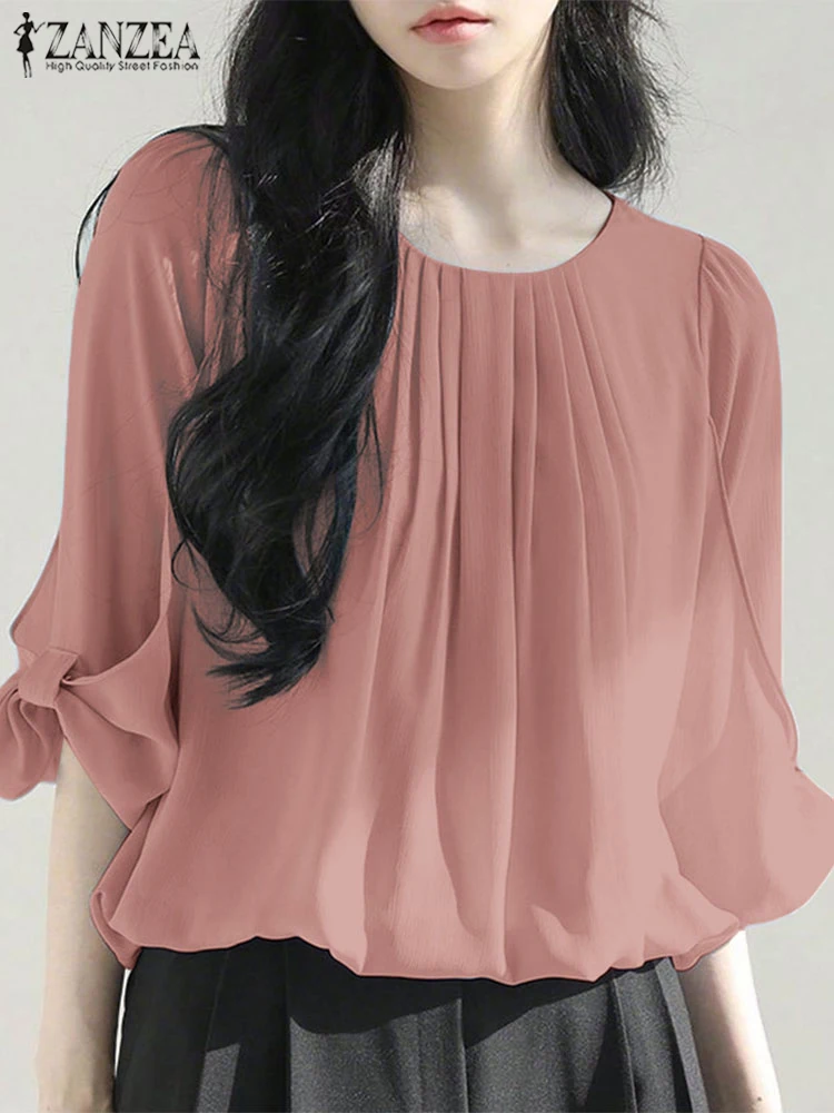 ZANZEA เสื้อฤดูร้อนแฟชั่นเสื้อชีฟอง 2025 Elegant Office Lady Tops 3/4 พัฟแขนเสื้อสีทึบเสื้อจีบหวาน Blusas