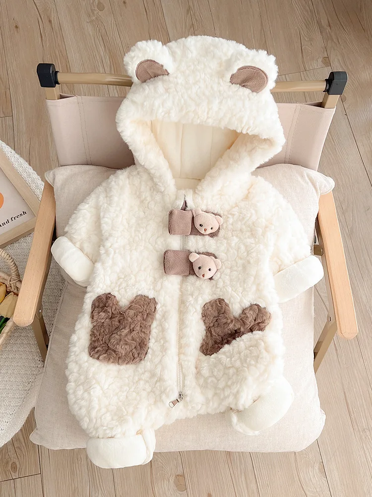 Winter Baby Rompers Girls Boys Fleece Warm Soft Bear Ear Jumpsuit Infant Hooded Long Sleeve Skin-Friendly Rompers Baby Clothes