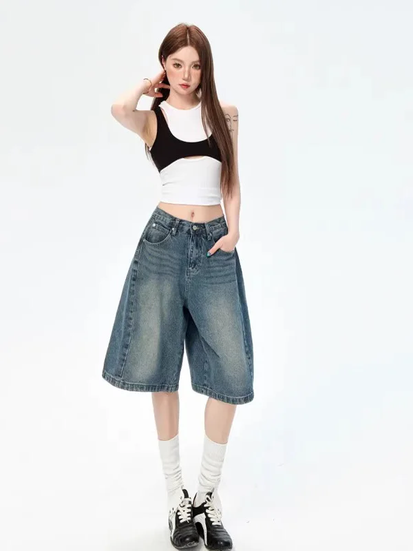 

American Style Vintage Straight Leg Five-Quarter Jeans Women's Summer Thin Casual Loose plus Size Wide Leg Denim Mid-Length