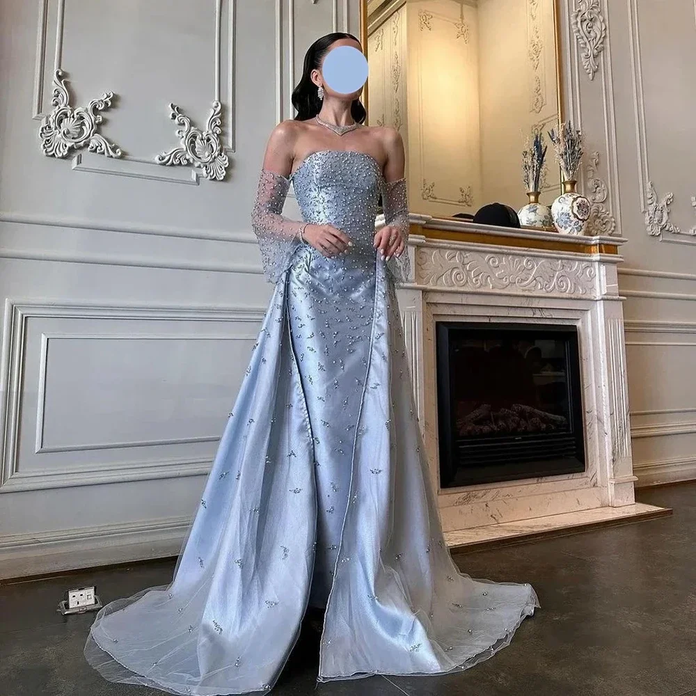 Customized Yipeisha Luxury Sky Blue Satin Strapless Evening Dresses With Watteau Train Beading Squnined Sheath Floor Length Gala