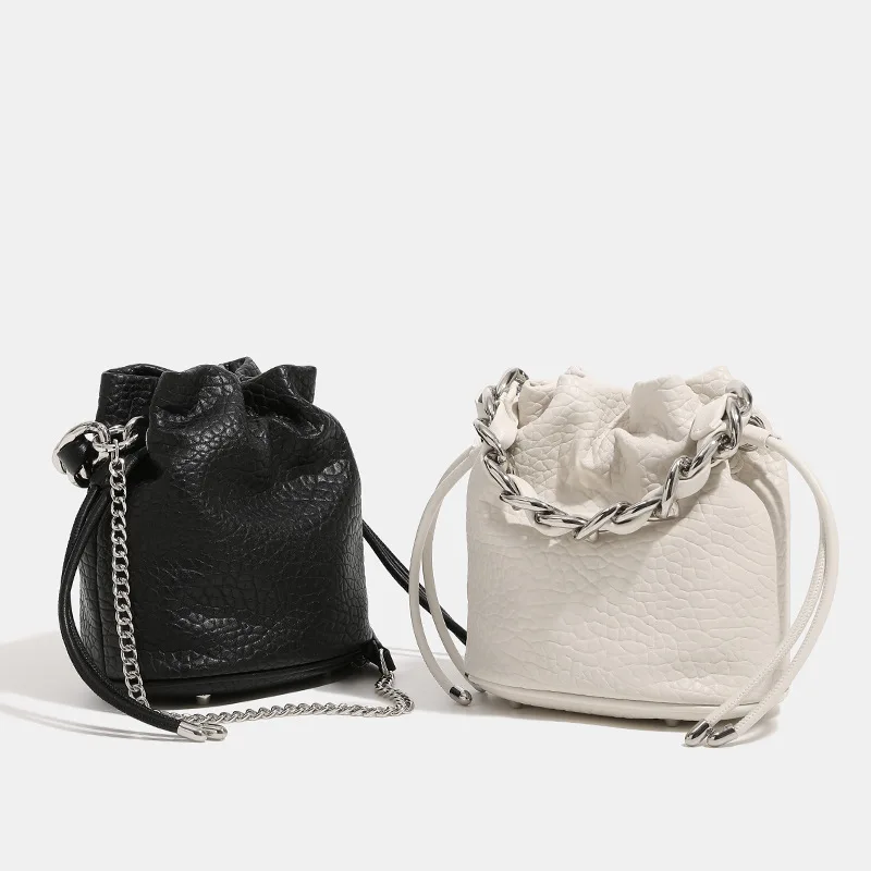 

Withered Ins Fashion Girl Chain Bucket Bag Shoulder Bag Texture Lychee Pattern Commuter Casual Messenger Bag Female