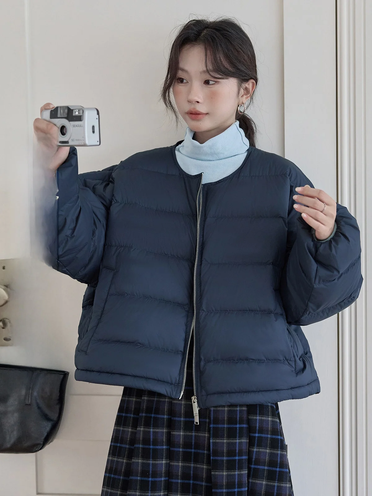 

HuiXi Blue Du down Jaet Women's round Ne Warmth Outerwear Commute Sle Thiened Long Sve Stand Length Winter New