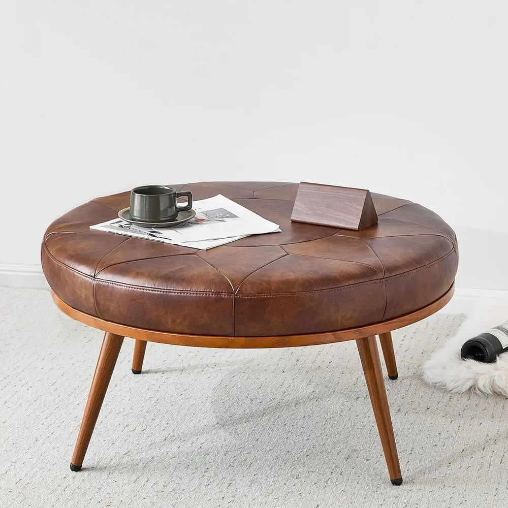 

Round Ottoman Coffee Table, Large Faux Leather Cushioned Footstool Ottoman, Stationary Ottomans, Backless Chair, Footrest for Li