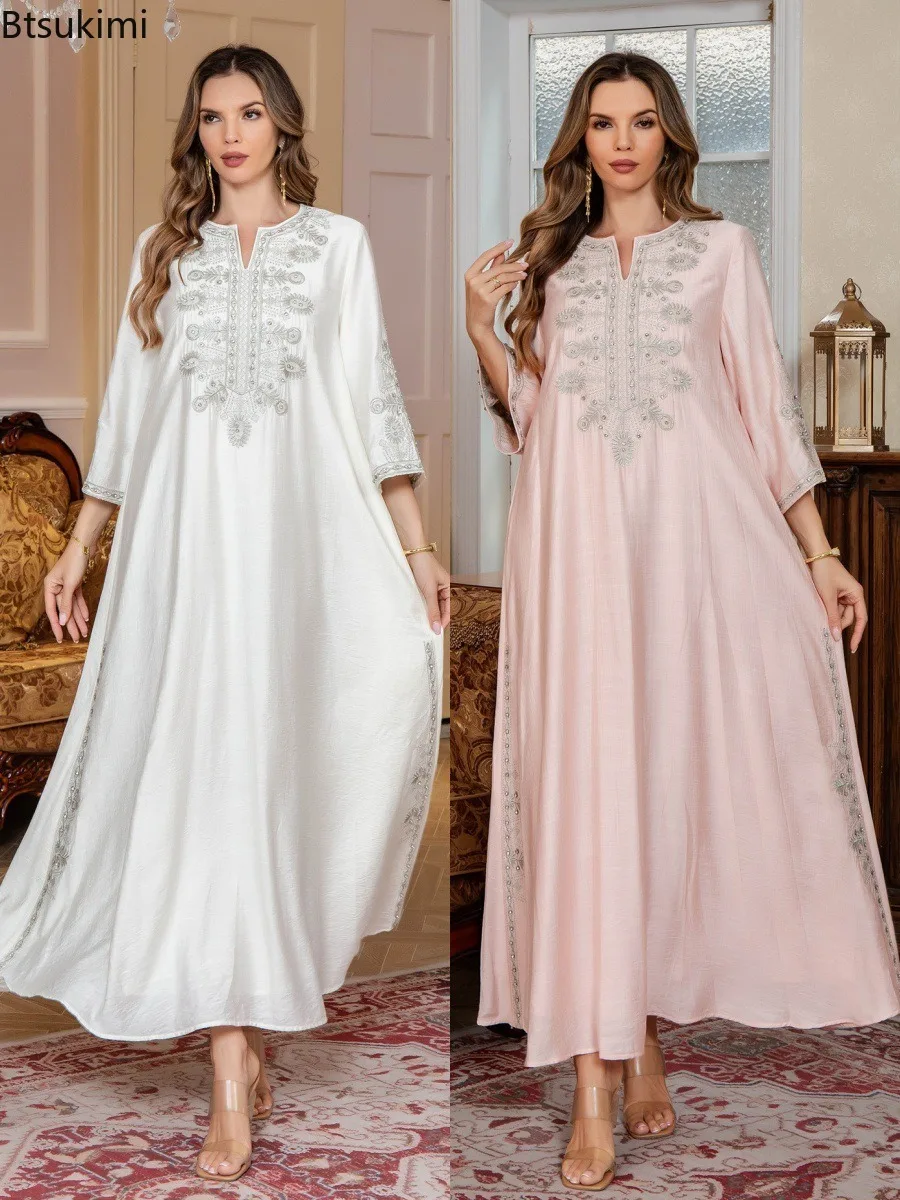 

Muslim Embroidery Maxi Dress Women Fashion Abayas Dubai Jalabiya Elegant Robe Ramadan Party Evening Dresses Arab Morocco Kaftan