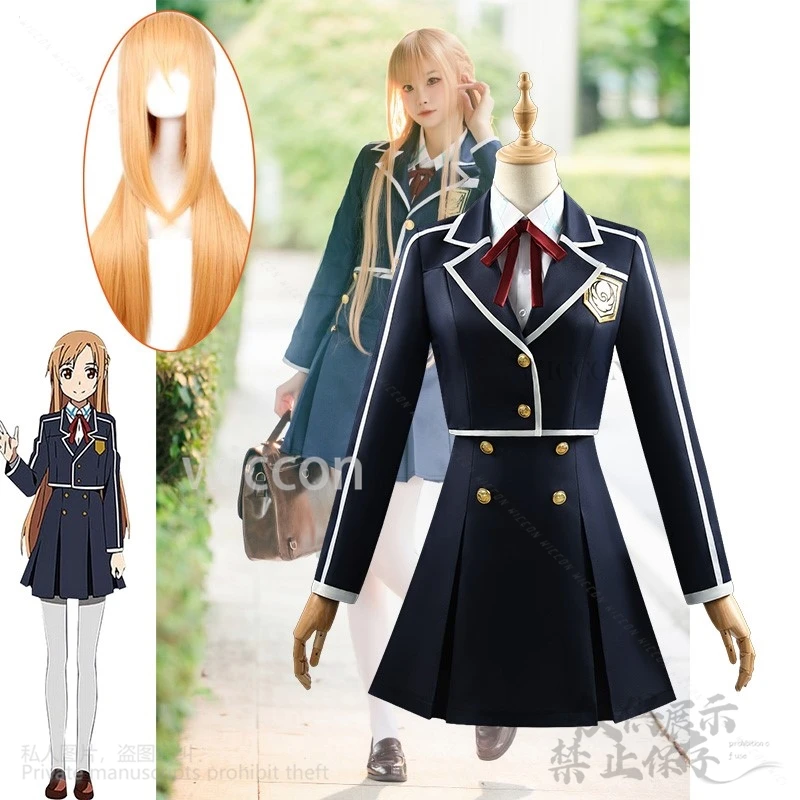 Disfraz de Anime Sword Art Online para mujer, Cosplay de saxuki Asuna, uniforme escolar JK, vestido con peluca, fiesta de Halloween y Navidad, Cos Roleplay