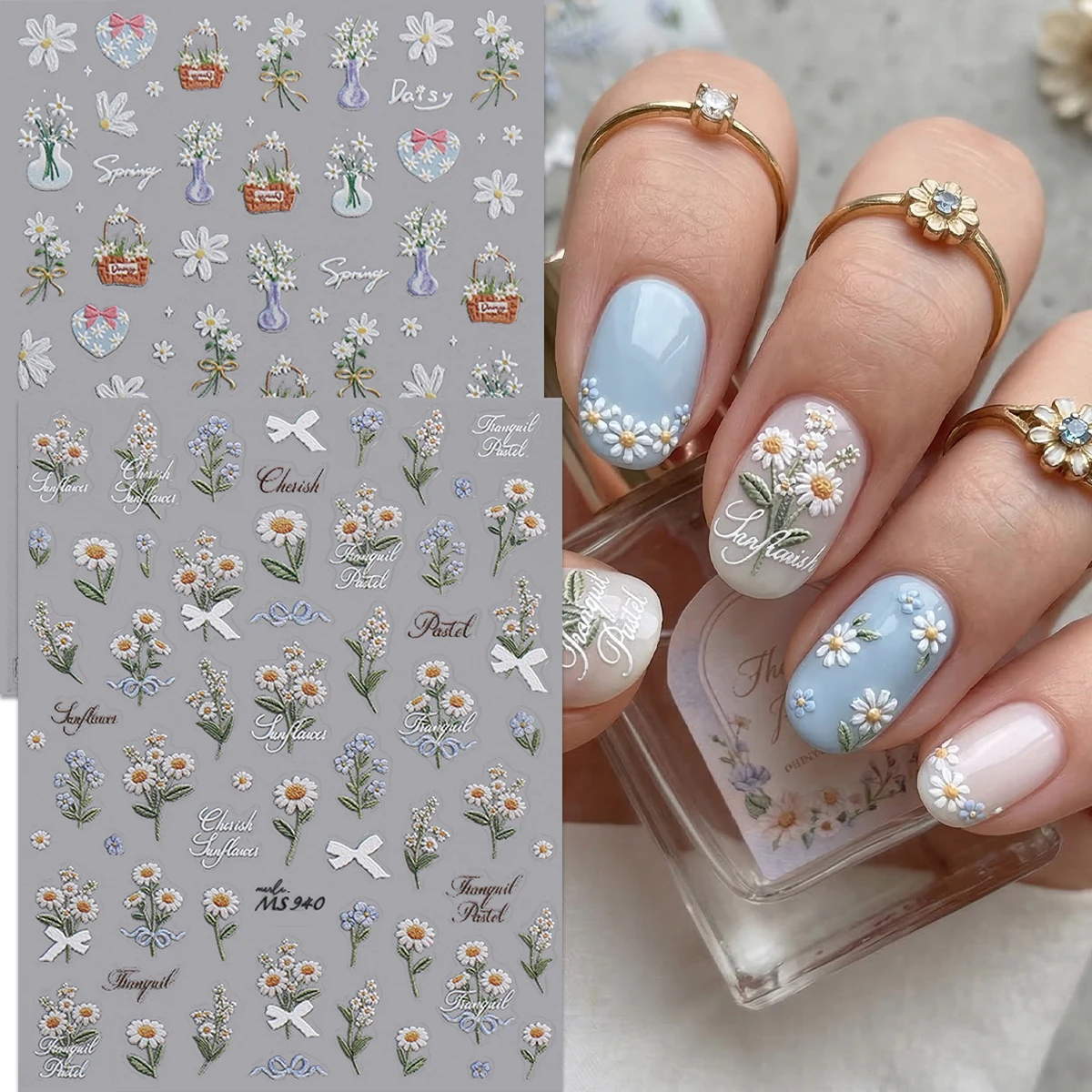 2Pcs Fresh Daisy & Lily of the Valley Embossed Nail Stickers