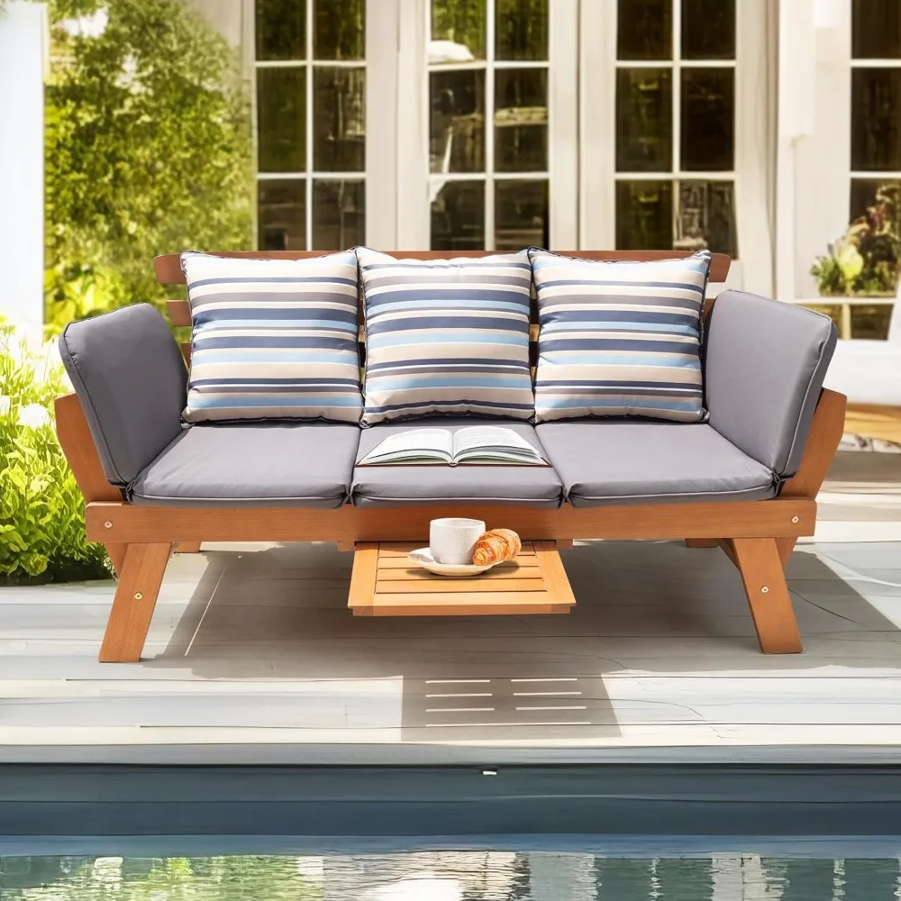 Umwandelbares Outdoor-Sofa, Terrassencouch mit 750 Pfund Kapazität, klappbarer Armlehne und Kaffeetablett, FSC-zertifiziertes Holzmöbel-Set