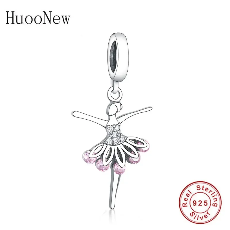 Ballet Girl Ballerina Pink Zirconia Stone Pendant Bead Fit Original Pan Charm Bracelet Real 925 Silver Making Women Berloque