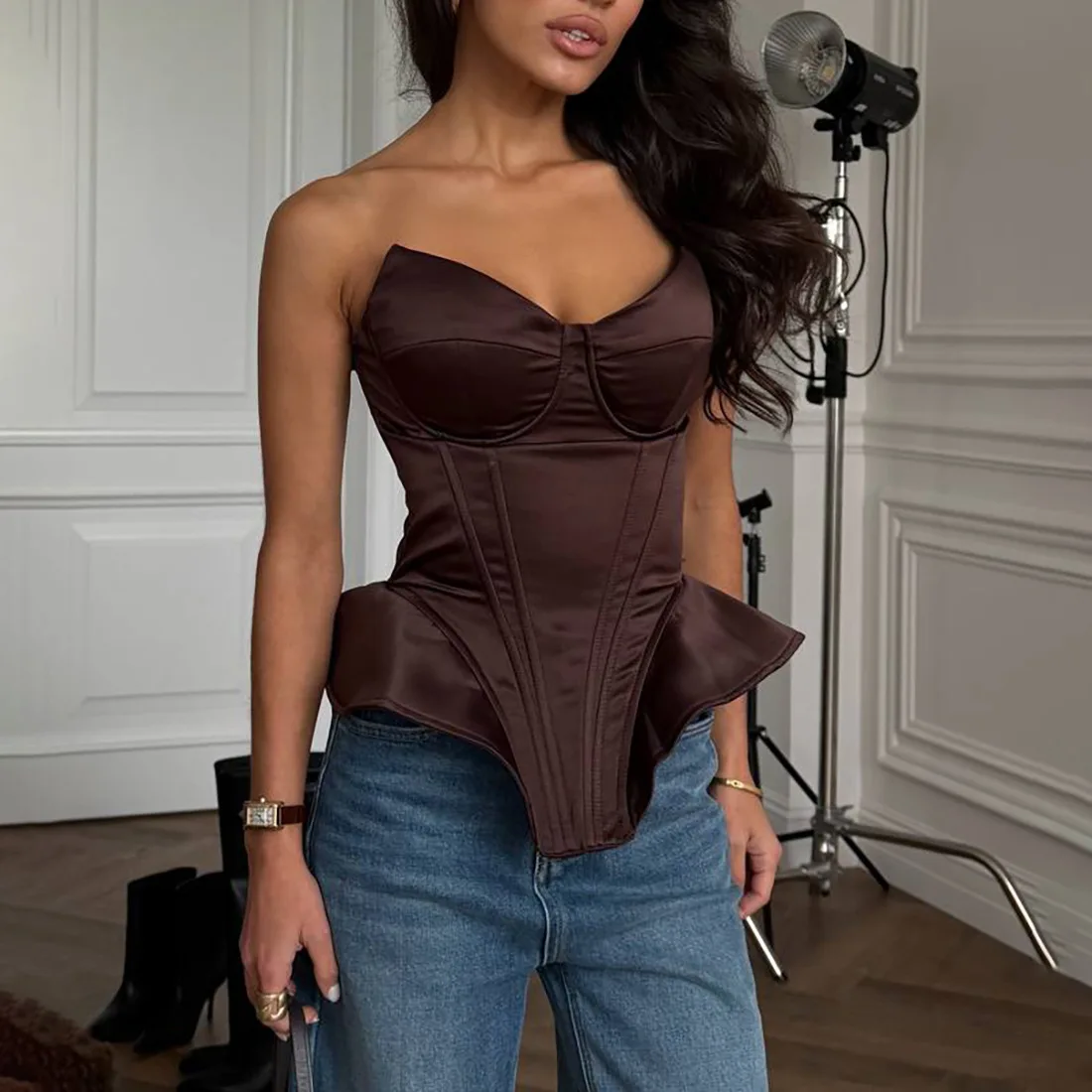 

Sexy Satin Corsets and Bustiers Top 2026 Spring Fashion Soild Versatile Design Lace Up Slim Fit Strapless Tops Shapewear