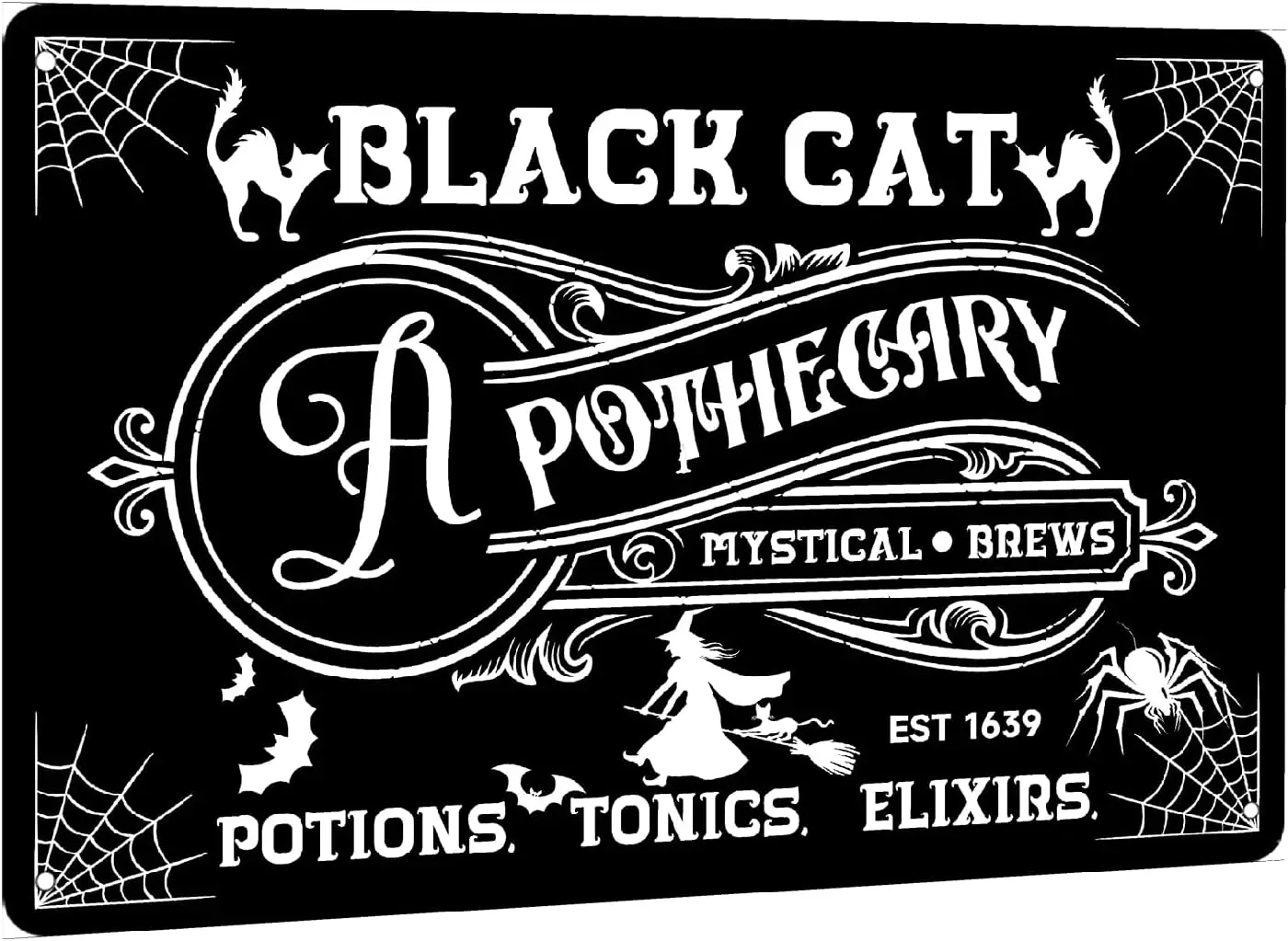 Black Cat Apothecary Retro Metal Sign Witch Mystical Brews Home Bar Cafe Halloween Party Wall Art Decor 8x12 inch