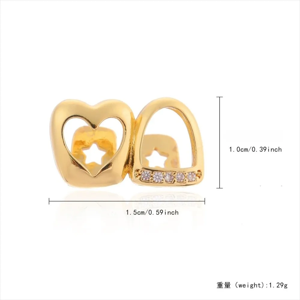 Nuevo Color dorado Hip Hop Diente Grillz circonita brillante joyería de dientes de cobre doble corazón hueco Dental Grillz mujeres