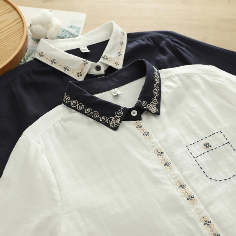 

Spring Autumn Sweet Long-sleeved Top With Double-layer Gauze Women Clothing White Color Embroidery Female Shirts & Blouses U010