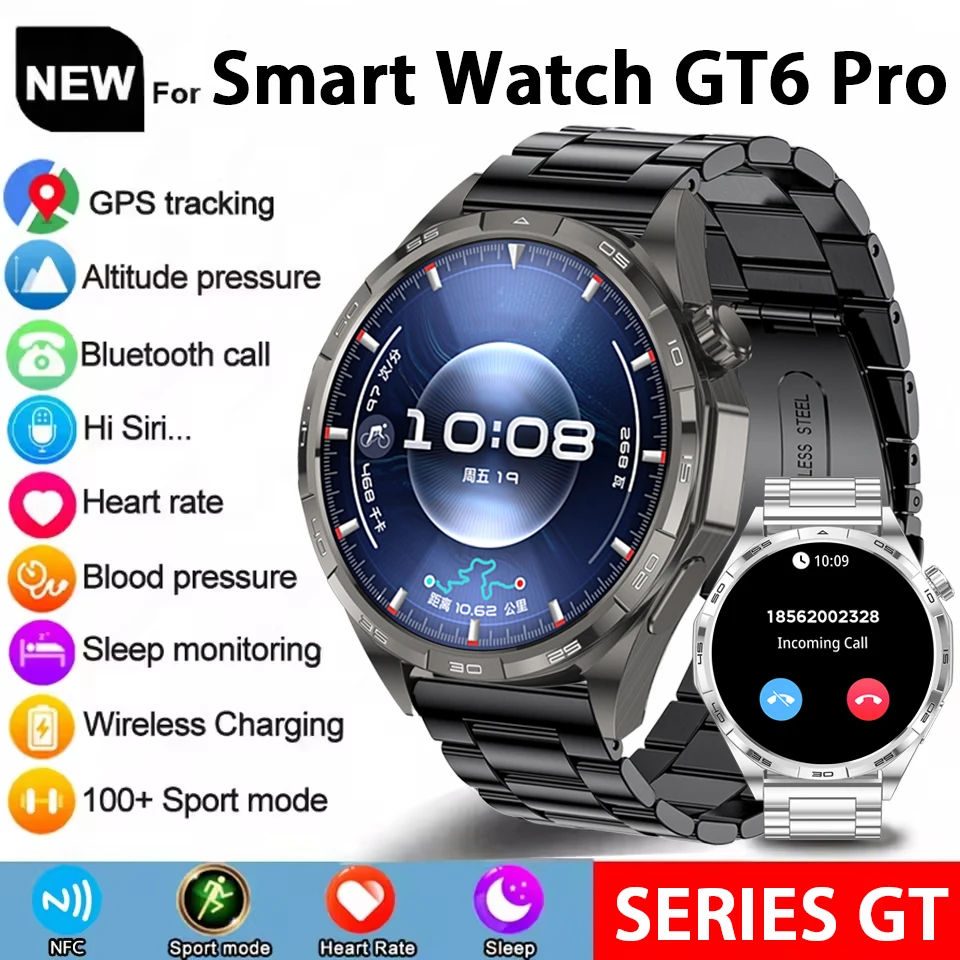 

2025 New GT6 Pro Outdoor Sport Smart Watch Men AMOLED HD Screen NFC GPS Compass Heart rate Waterproof Bluetooth Call SmartWatch