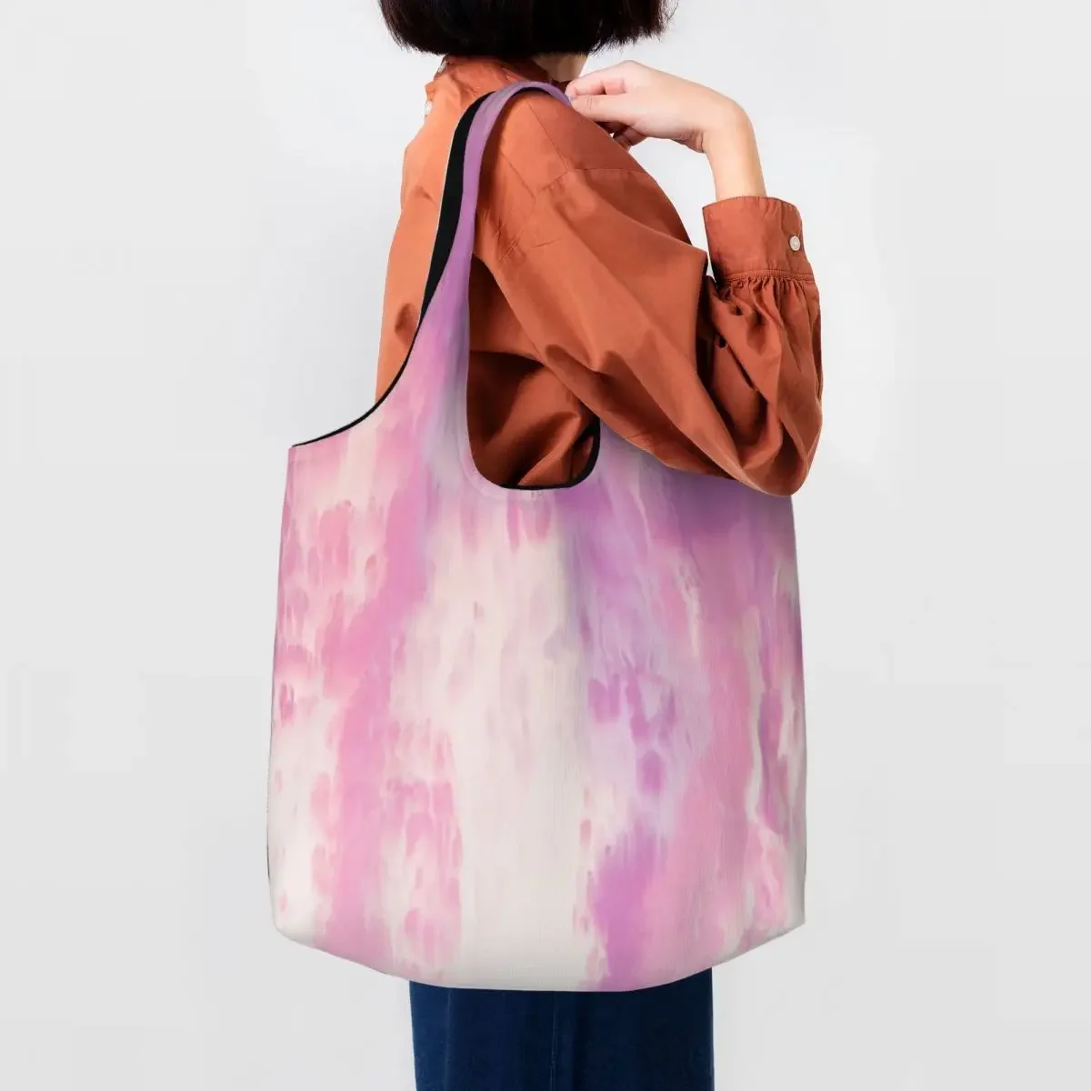 Custom Kawaii Printed Cool Pink Tie Dye Tote Shopping Bag Portable Canvas Shoulder Shopper Traditional Dyeing Art Handbag