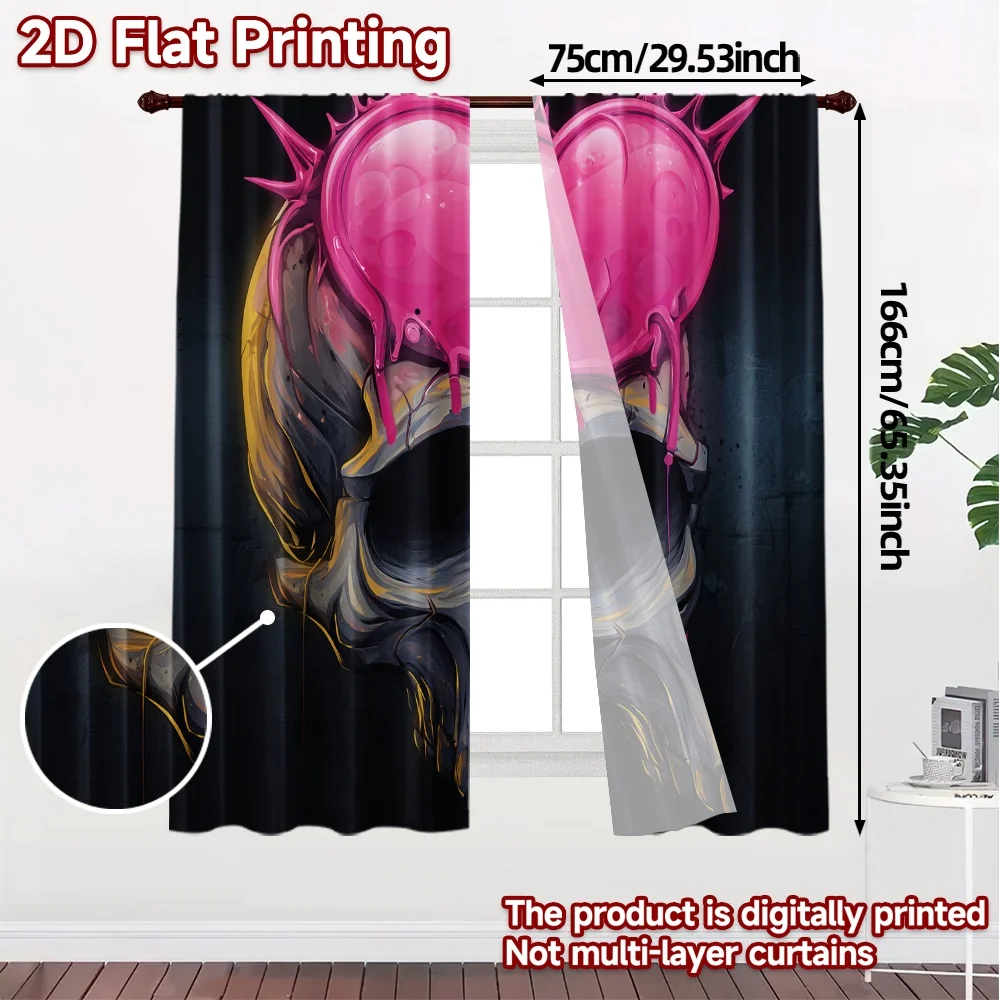 2D Flat Printing,JIT 2pcs, Curtains (Without Rod) Hearted Skull Chic Curtain Chic Machine Washable Fabric Curtains All Seasons