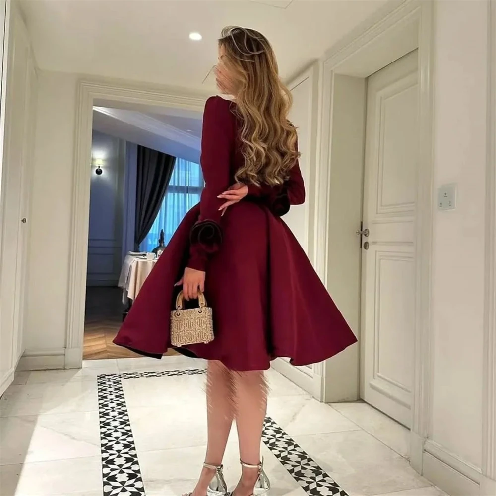 Customized Evening Dress Classic Square Collar Off the Shoulder Long Sleeves Prom Gowns Satin A-Line Knee Length Party Dresses