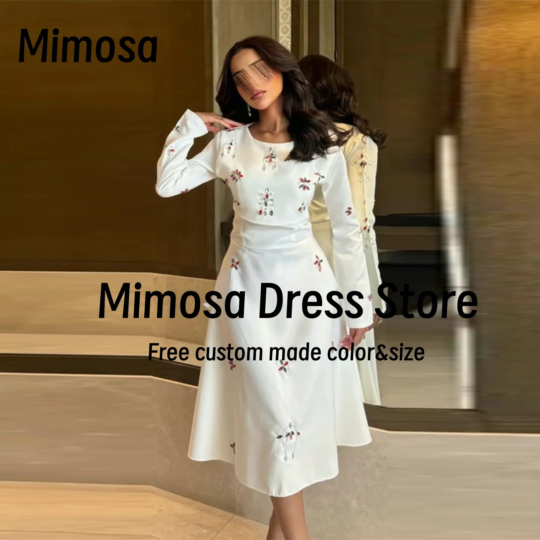 Mimosa Crew Neck Prom Dresses Crystals Long Sleeves Homecoming Party Graduation Dress Zipper Back Evening Gowns Customized