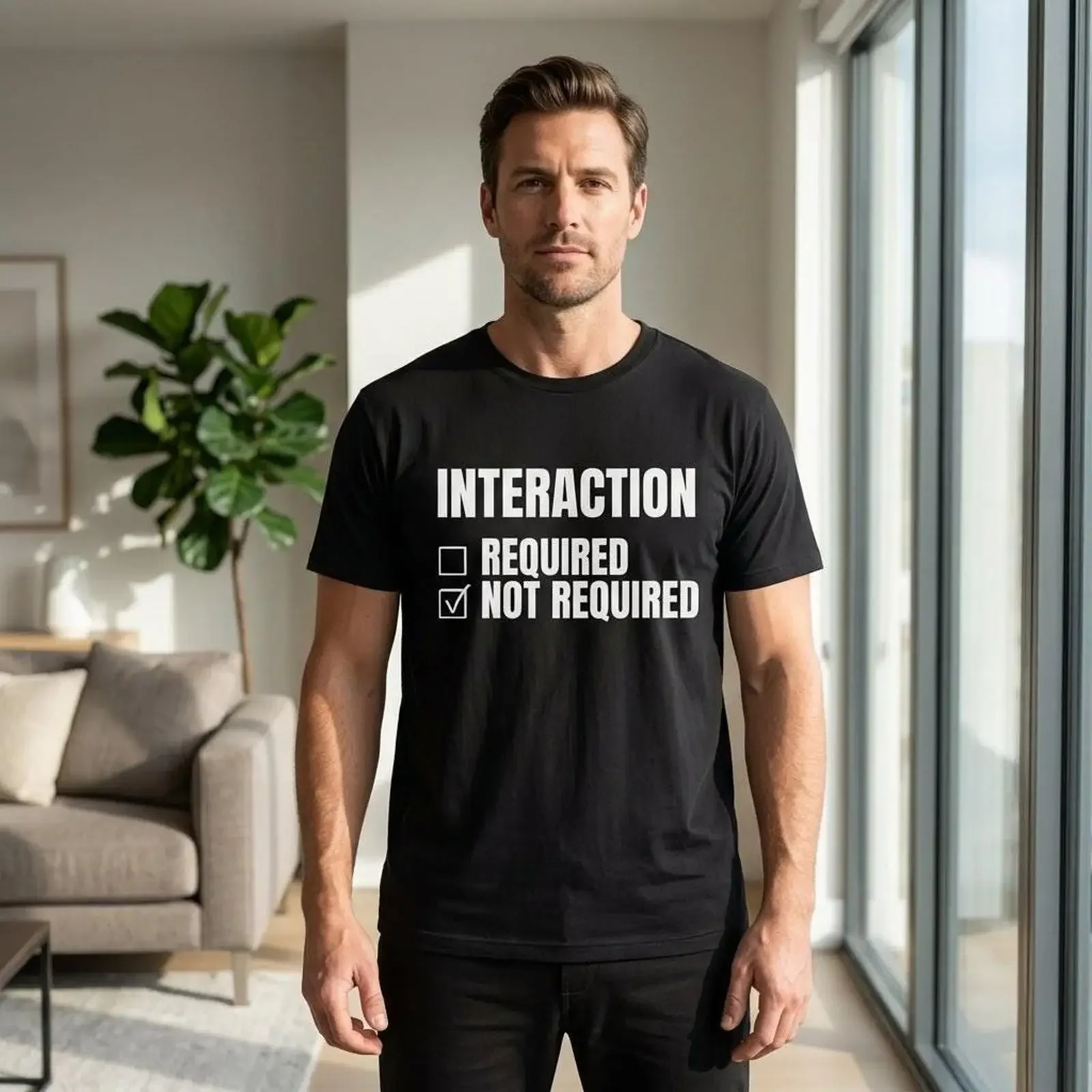 Interaction Not Required Funny Slogan T Shirt Men's Black Introvert Social Anxiety Boundary Statement Casual vintage Washed
