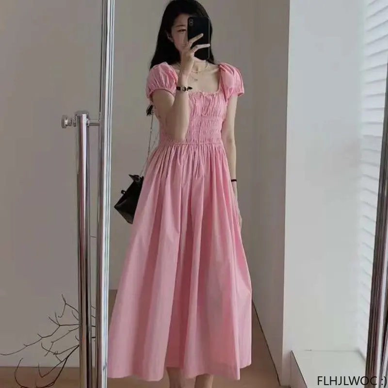 Chic Korea Temperament Women Date Girls Japan Style Puff Sleeve Cotton Blends Vintage Pink Elastic Long Dress Feminine Vestidos