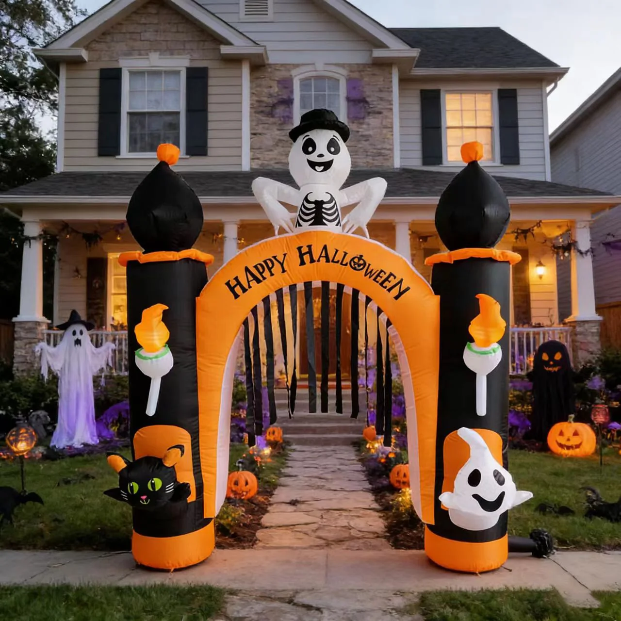2.5m Large Light-Up Halloween Arch Ghost Black Cat Inflatable Model Outdoor Lawn Garden Party Event Decoration Waterproof Durable Fabric Polyester Material Foldable with Blower and Led Lights