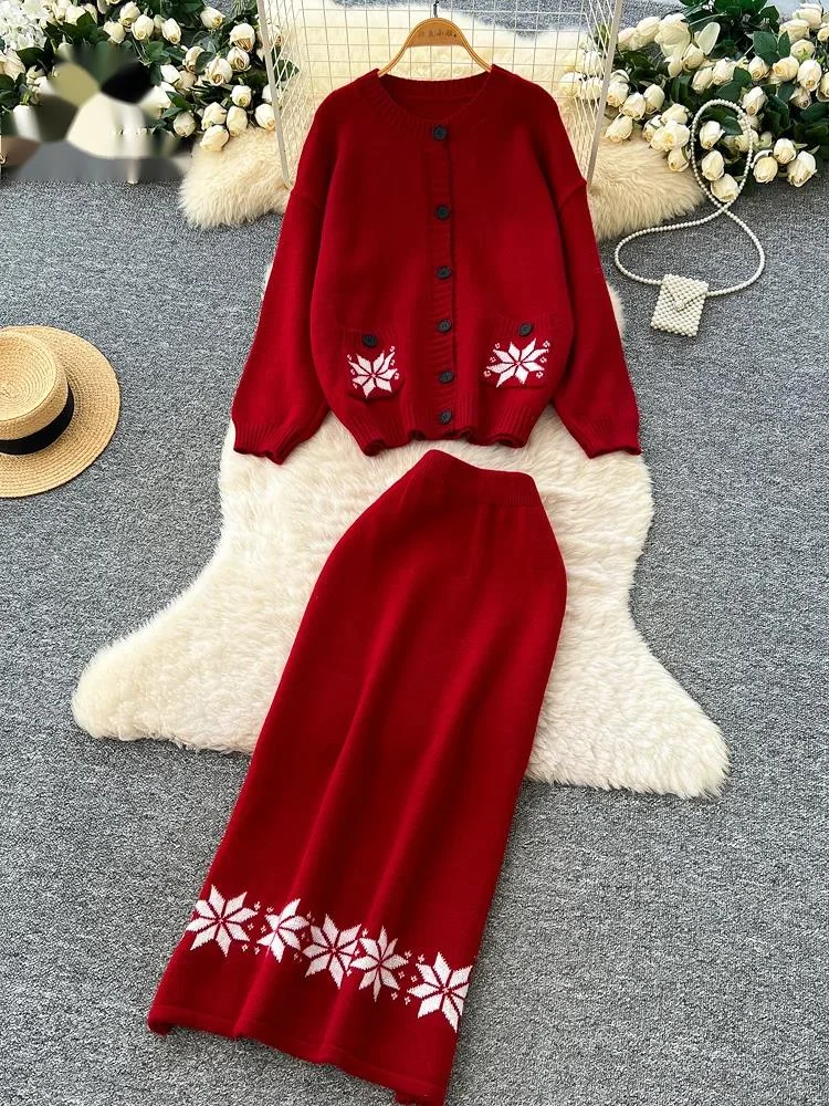 

Американский ретро-свитер, комплекты из двух предметов, женский свободный топ с длинными рукавами + длинная теплая юбка, вязаные костюмы с винтажным принтом