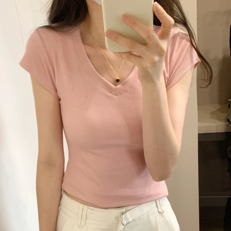 

Solid Color T Shirt Women Cotton Short Sleeve T-Shirts For Womens V Neck Crop Tee Shirts Femme Elastic Tops Korean Woman Clothes