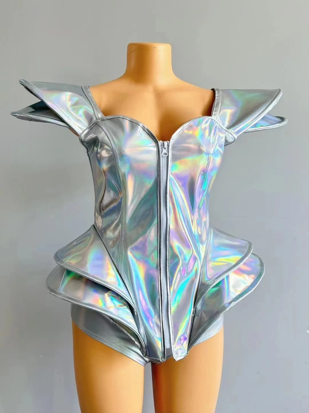 Show girl costume Luxury Party OutfitLaser Patent Leather Shoulders Bodysuit Evening Party dresses drag costume gogo sexy festiv