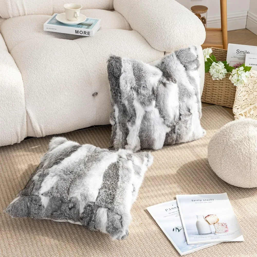 Throw Pillow Covers 18x18 Set of 2 -Luxury Soft Fluffy Animal Skin Decorative Cushion Pillow Covers for Sofa, Couch