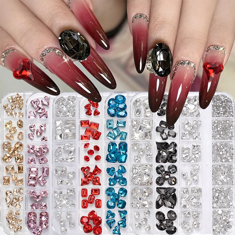 Arte de uñas con diamantes de imitación, 12 rejillas, gemas de cristal planas coloridas, decoración de manicura DIY, diamante de uñas 3D para maquillaje, uñas y manualidades